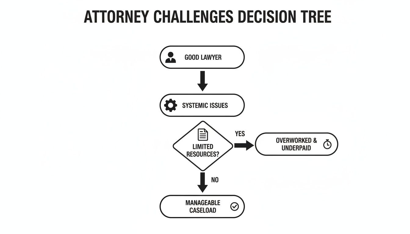 A decision tree flowchart illustrating challenges attorneys face, leading to outcomes based on resource availability.