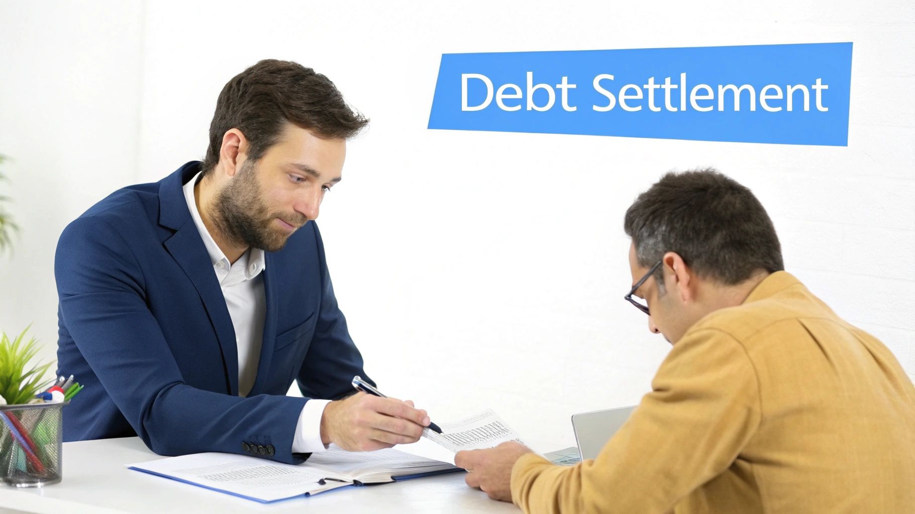 A financial advisor in a blue suit points at debt settlement documents to a client at a desk.