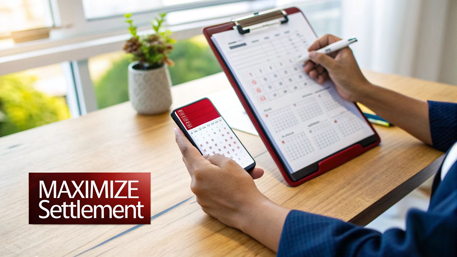 A person's hands are interacting with a smartphone and a physical calendar, planning for settlement.