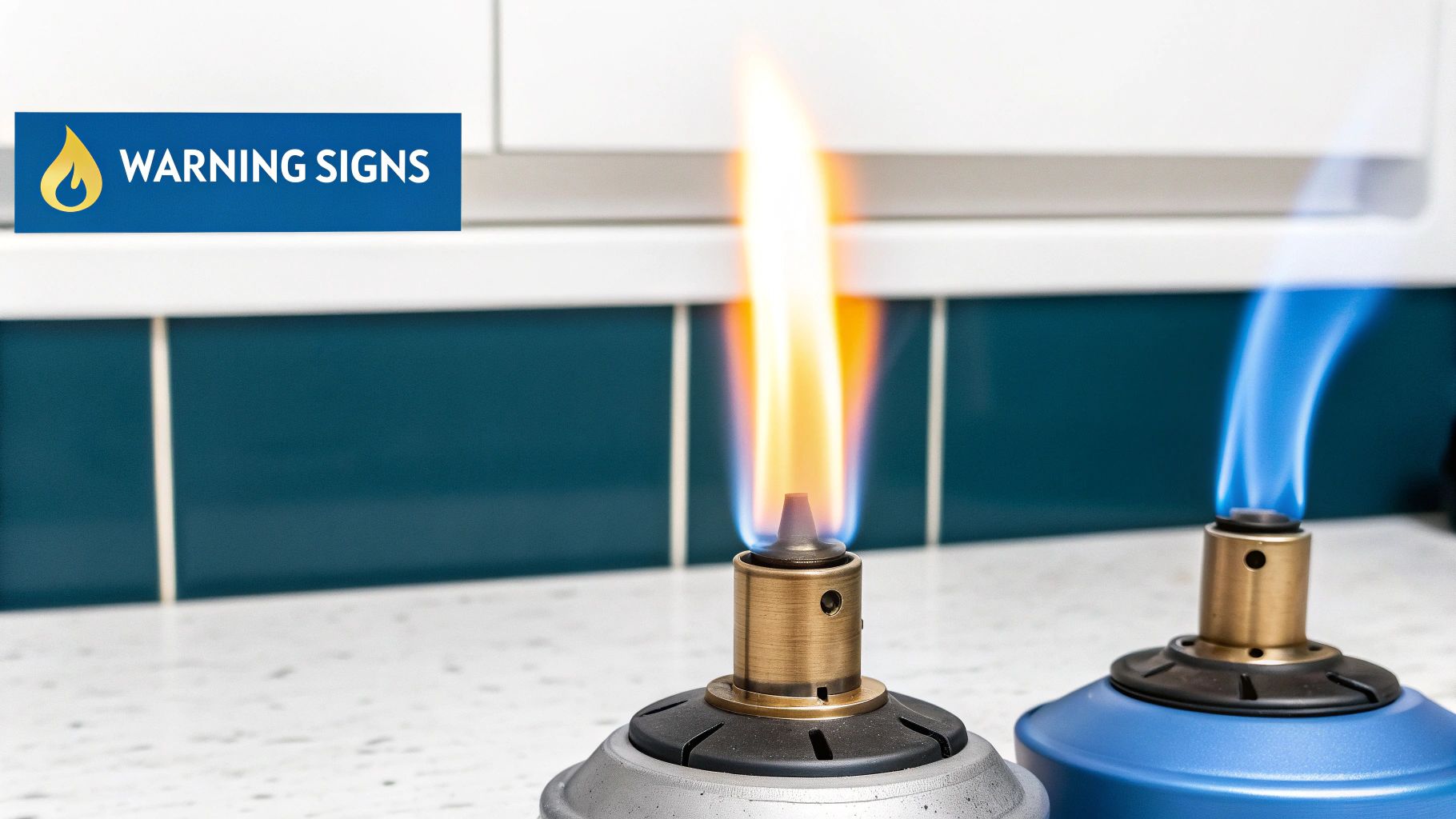 Close-up of two gas burners, one with a healthy blue flame and one with an unhealthy yellow warning flame.