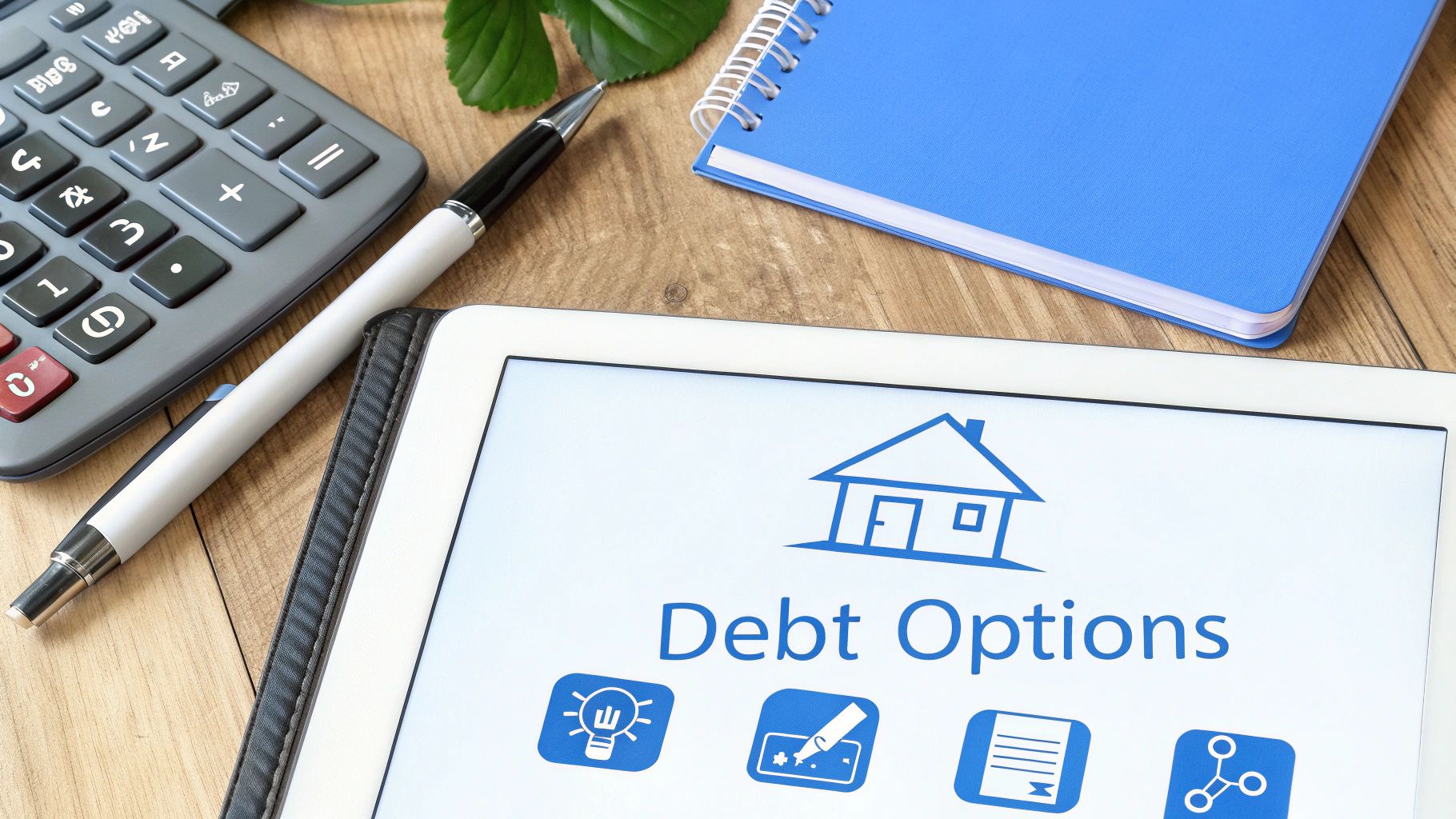 Tablet displaying 'Debt Options' with a house icon, calculator, and pen on a wooden desk.
