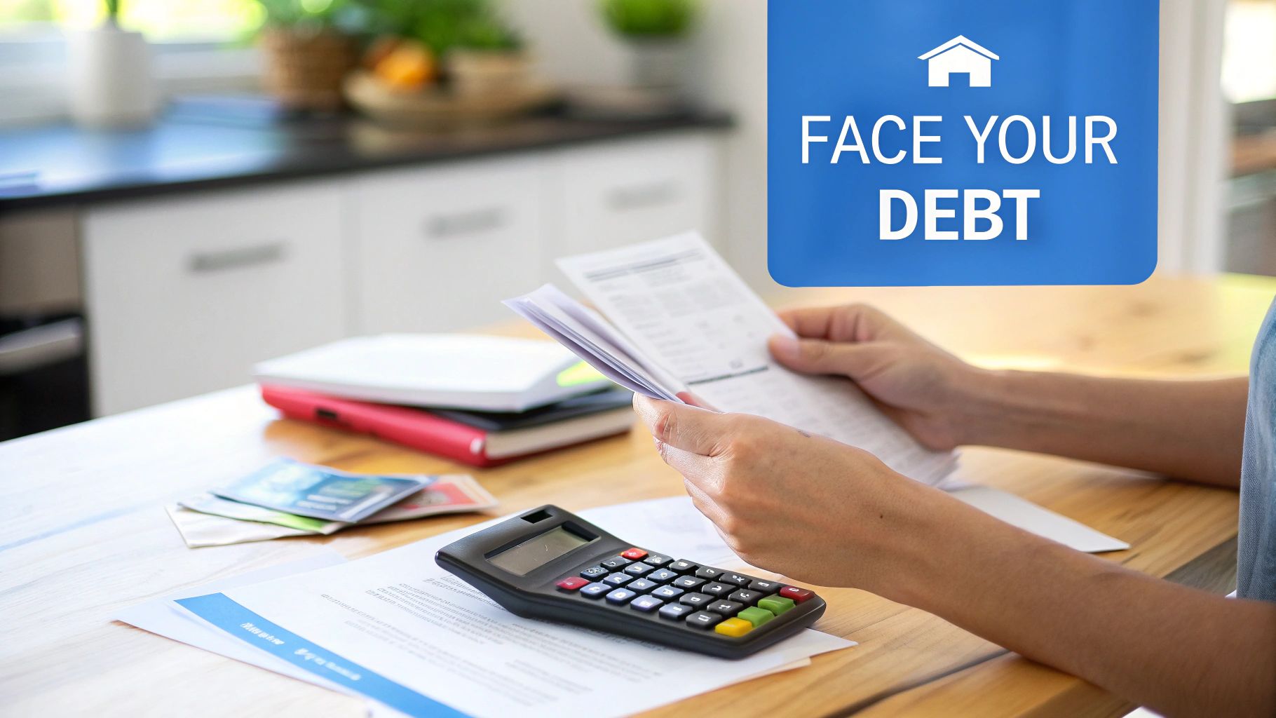 A person reviews financial documents with a calculator, facing their debt at a kitchen table.