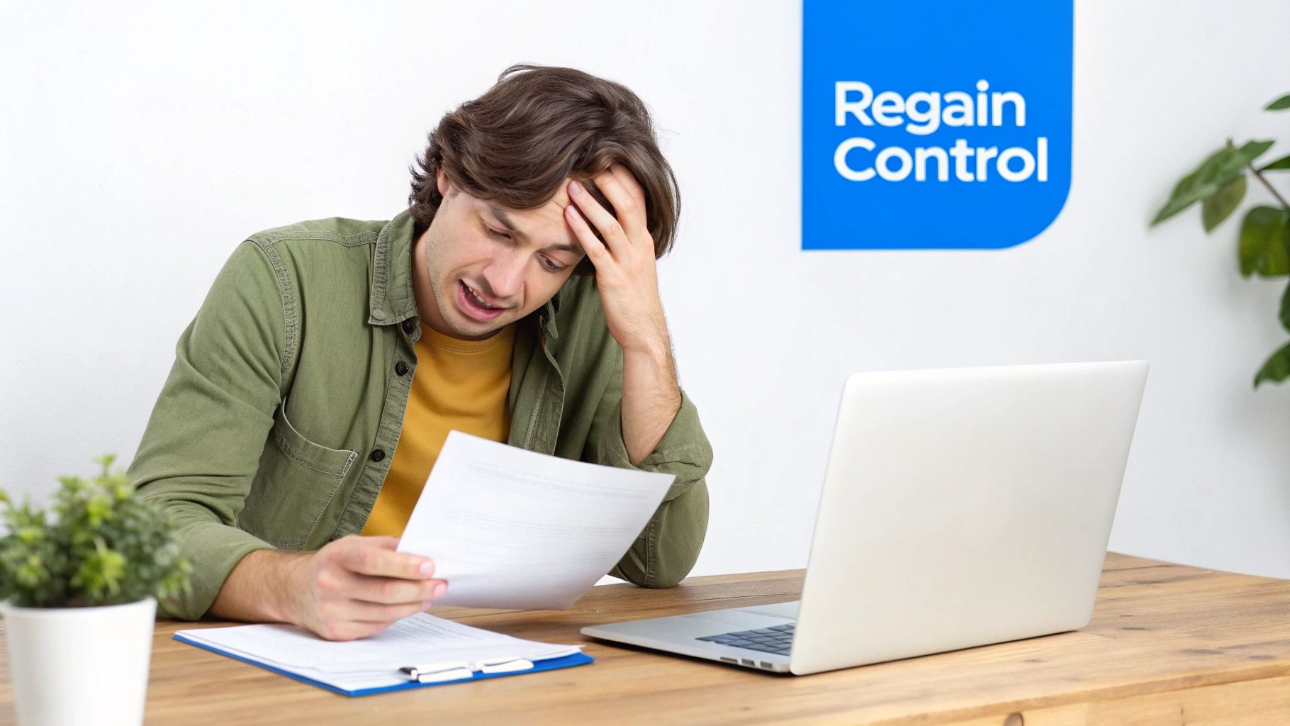 A distressed man holds his head, reviewing financial papers at a desk with a laptop.