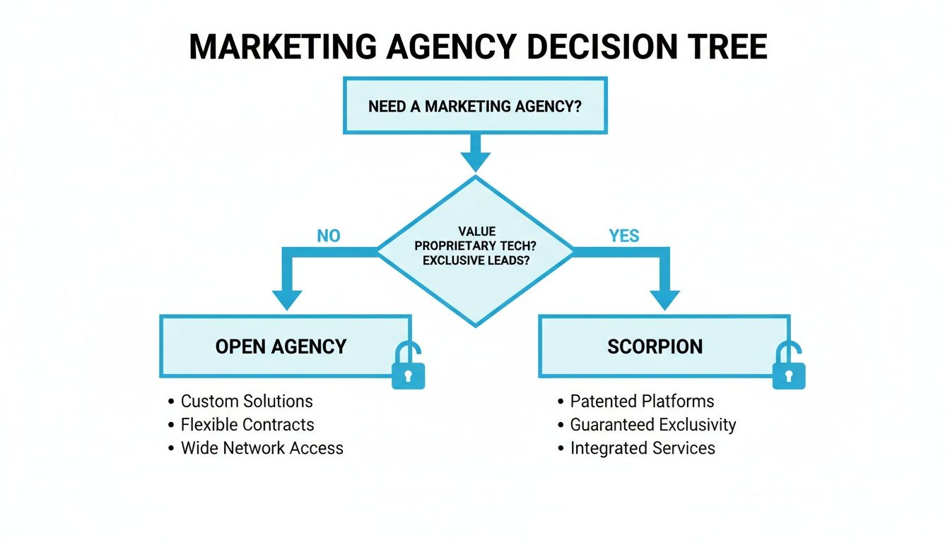 A marketing agency decision tree flowchart comparing Open Agency and Scorpion based on proprietary tech and exclusive leads.
