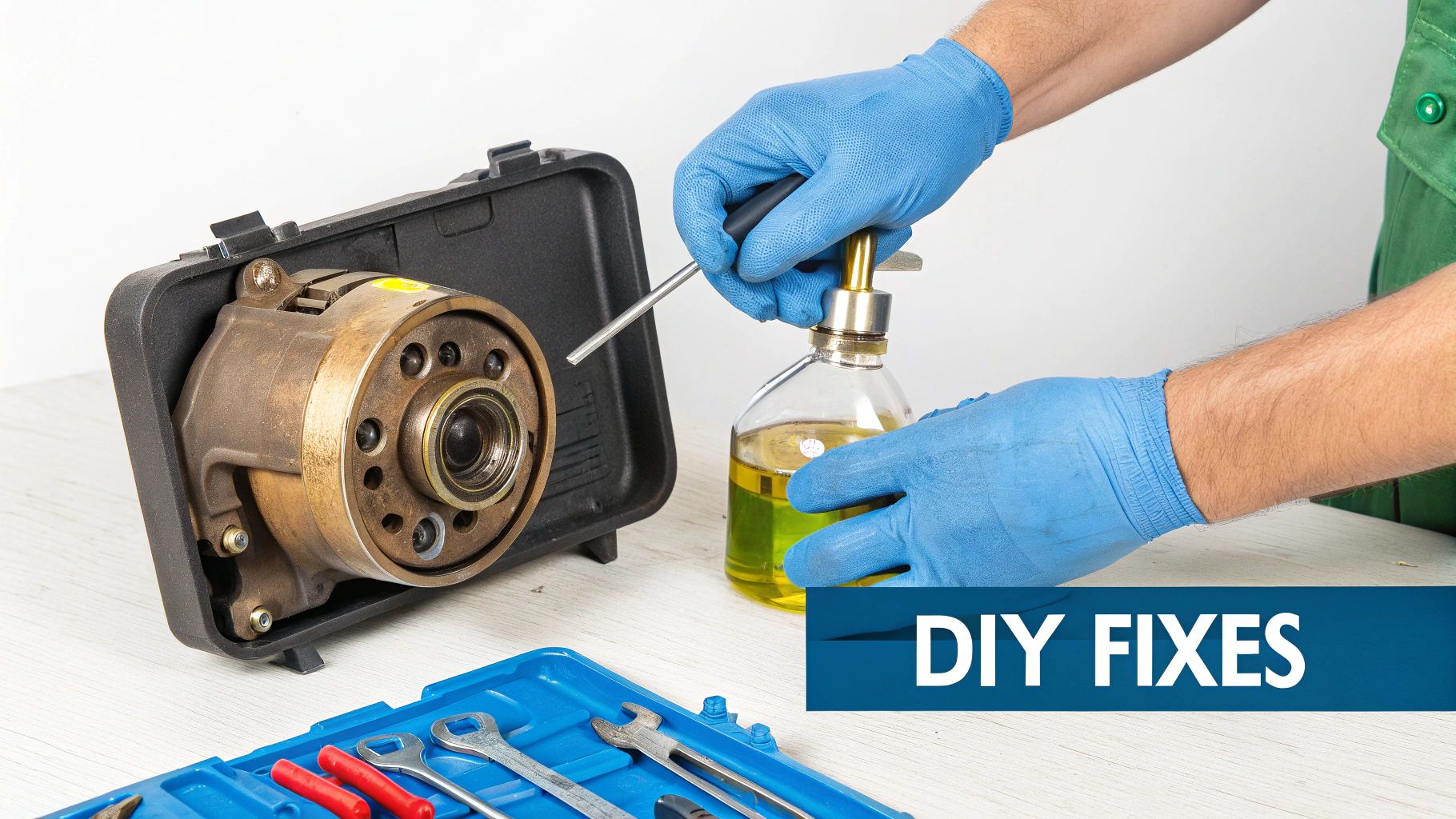 Person in blue gloves maintaining a motor part with lubricant and tools, focused on DIY fixes.