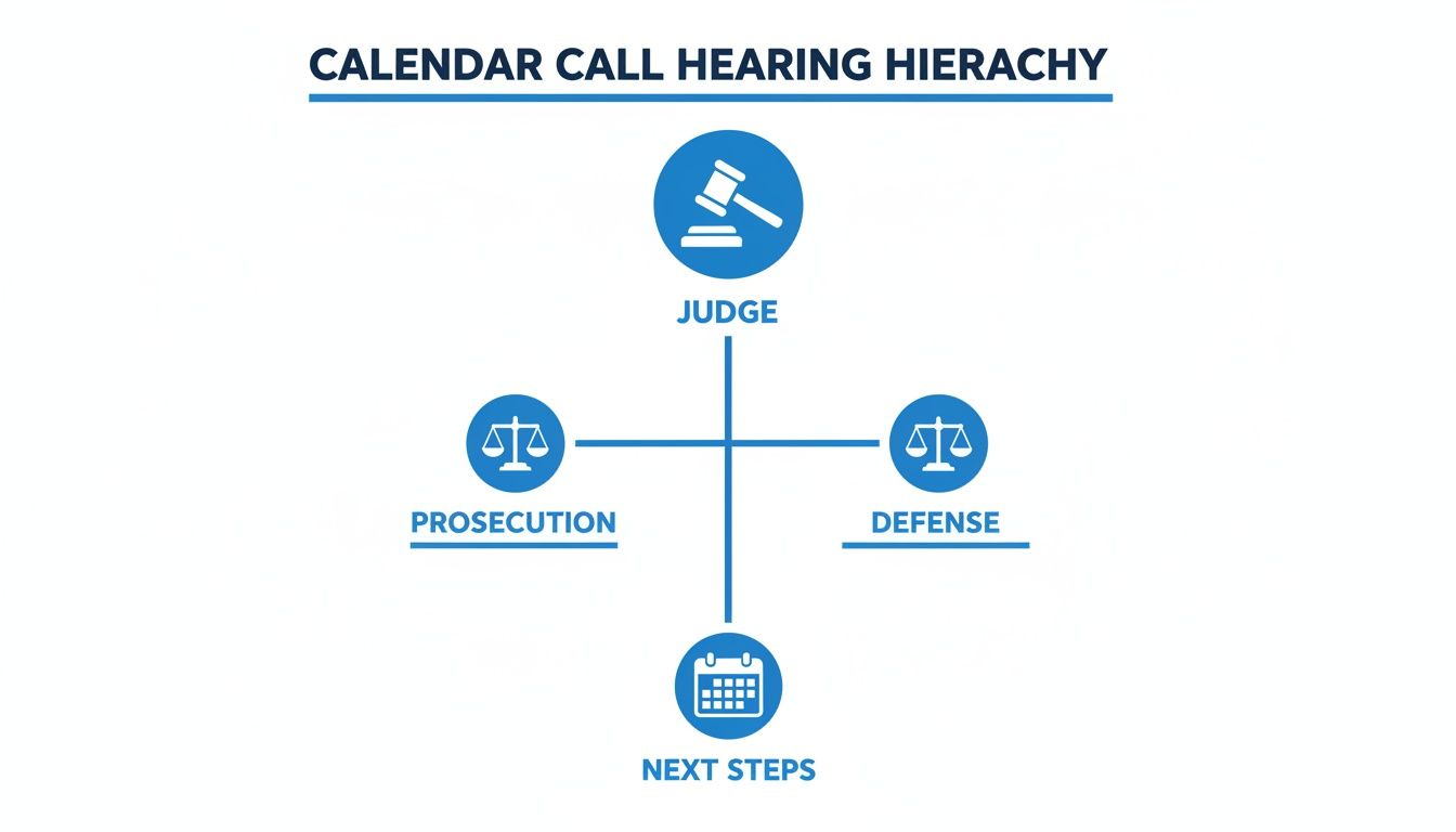 Un diagrama que ilustra la jerarquía de audiencias del calendario, mostrando al juez, la fiscalía, la defensa y los próximos pasos en un proceso legal.
