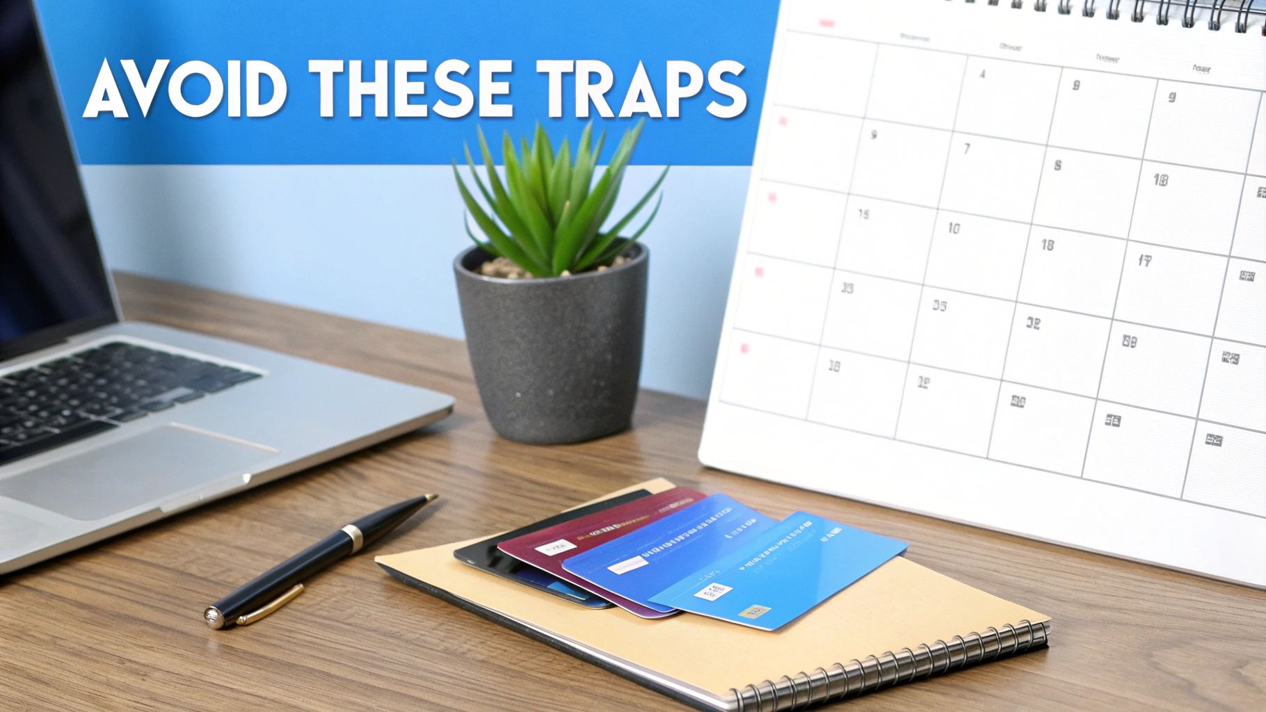 A desk with a laptop, calendar, credit cards, notebook, and pen, with text “AVOID THESE TRAPS”.