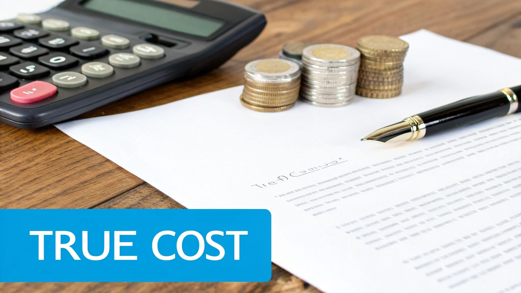 Financial planning scene with a calculator, stacked coins, a pen, and a document displaying 'TRUE COST' text.