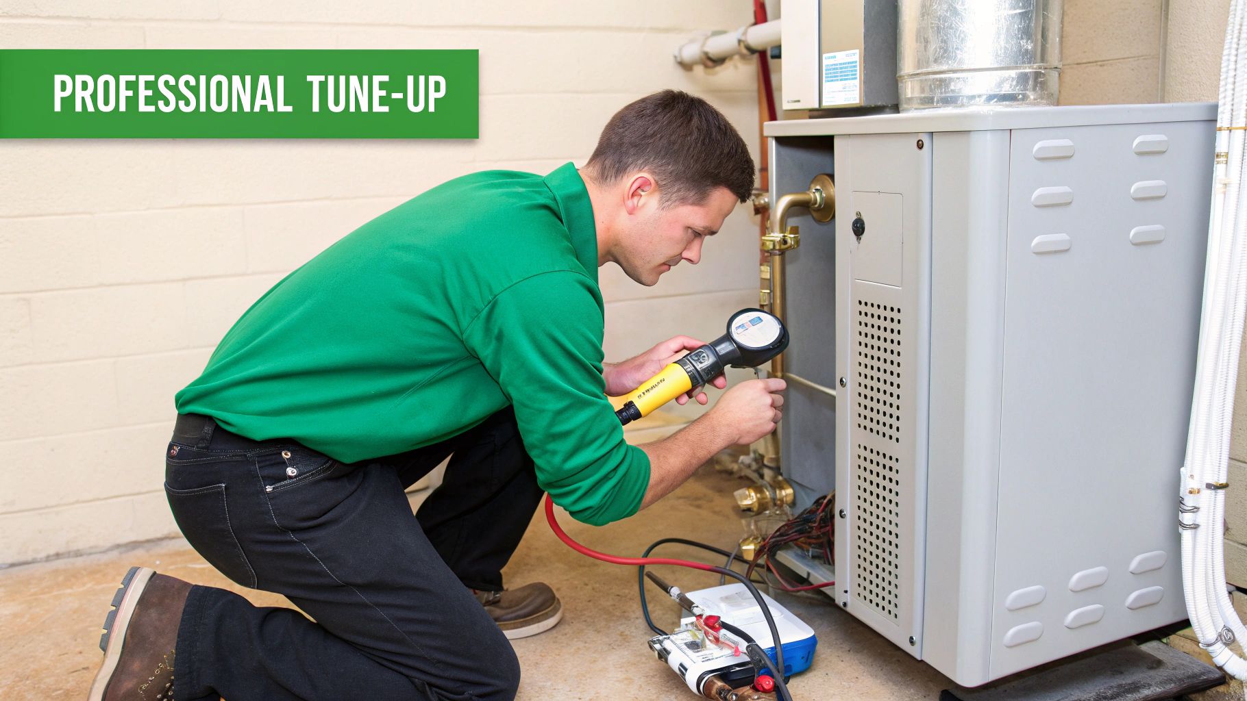 A professional technician performs a tune-up on a furnace or HVAC system with specialized tools.