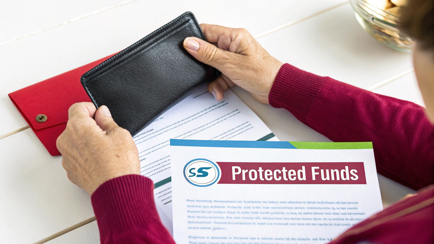 A person holds a black wallet while reviewing a financial document titled 'Protected Funds' on a white table.