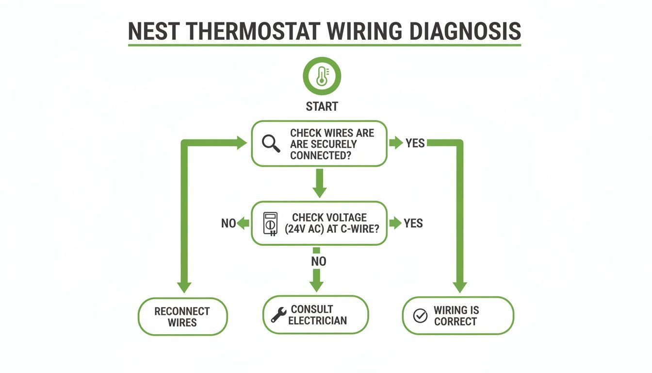 Flowchart for Nest thermostat wiring diagnosis, covering connection checks and voltage testing.