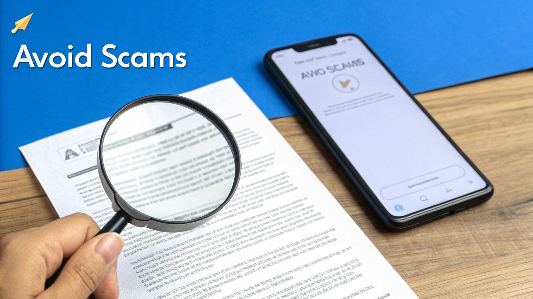 A hand using a magnifying glass to review a document, next to a smartphone displaying 'AVOID SCAMS'.