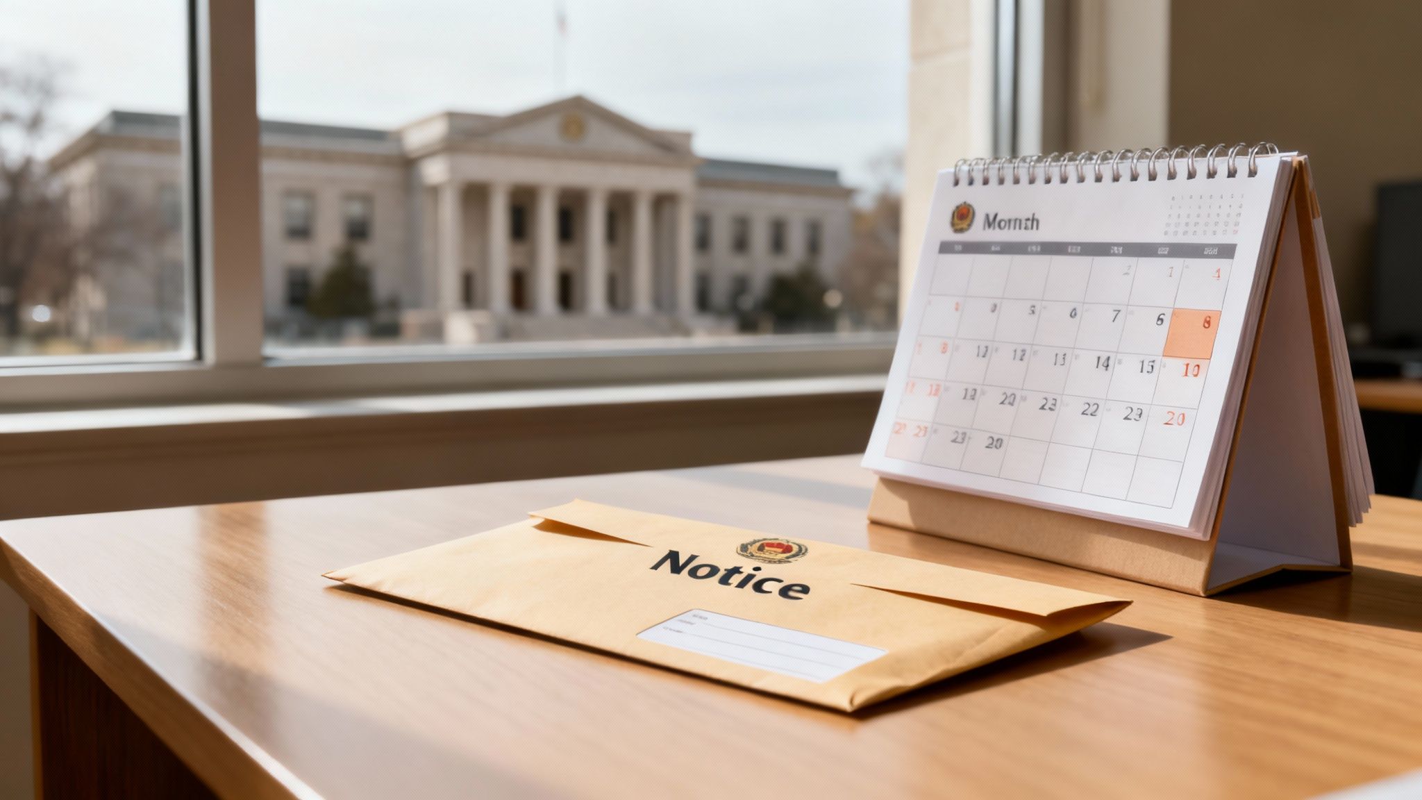 A 'Notice' envelope and a calendar with a highlighted date sit on a desk, with a courthouse visible outside.