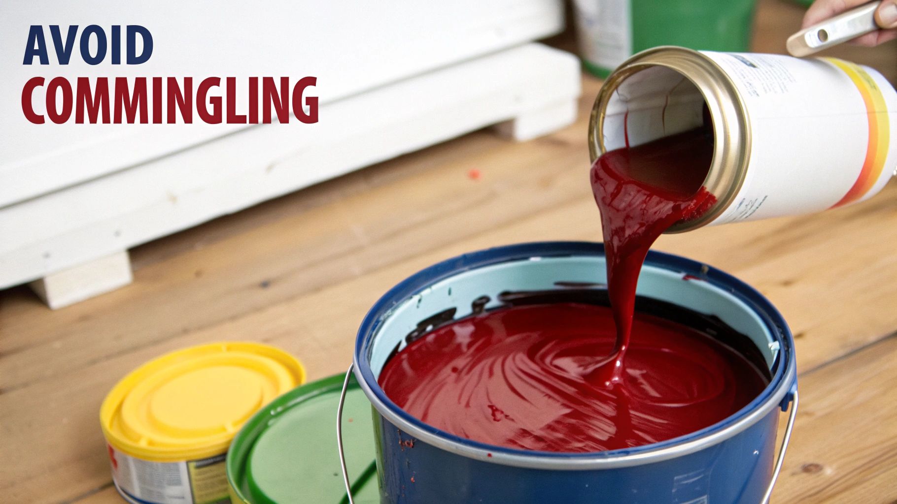 Red paint is poured from a can into a large blue bucket, with 'AVOID COMMINGLING' text.