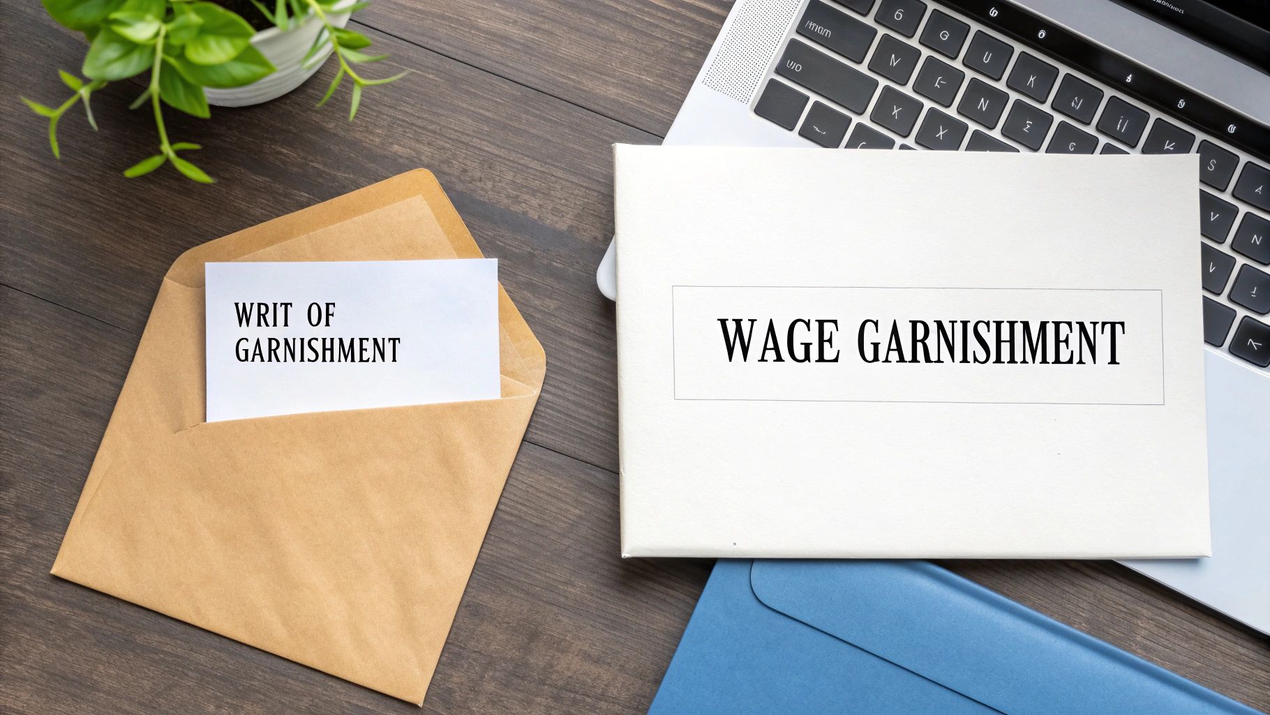 A wooden desk with a brown envelope showing 'WRIT OF GARNISHMENT' and a book titled 'WAGE GARNISHMENT'.