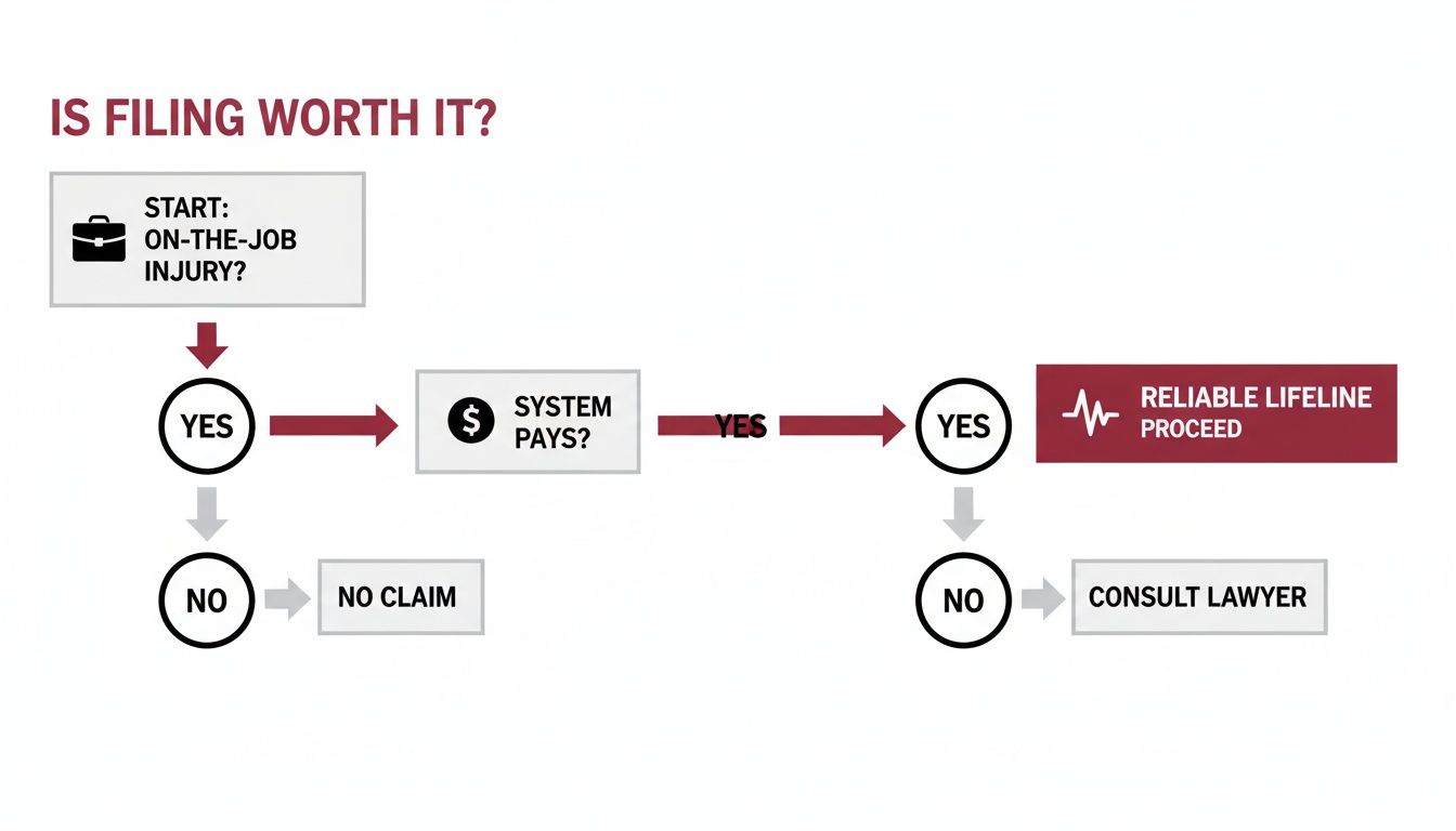 Flowchart guiding the decision to file a workers' compensation claim after an on-the-job injury.
