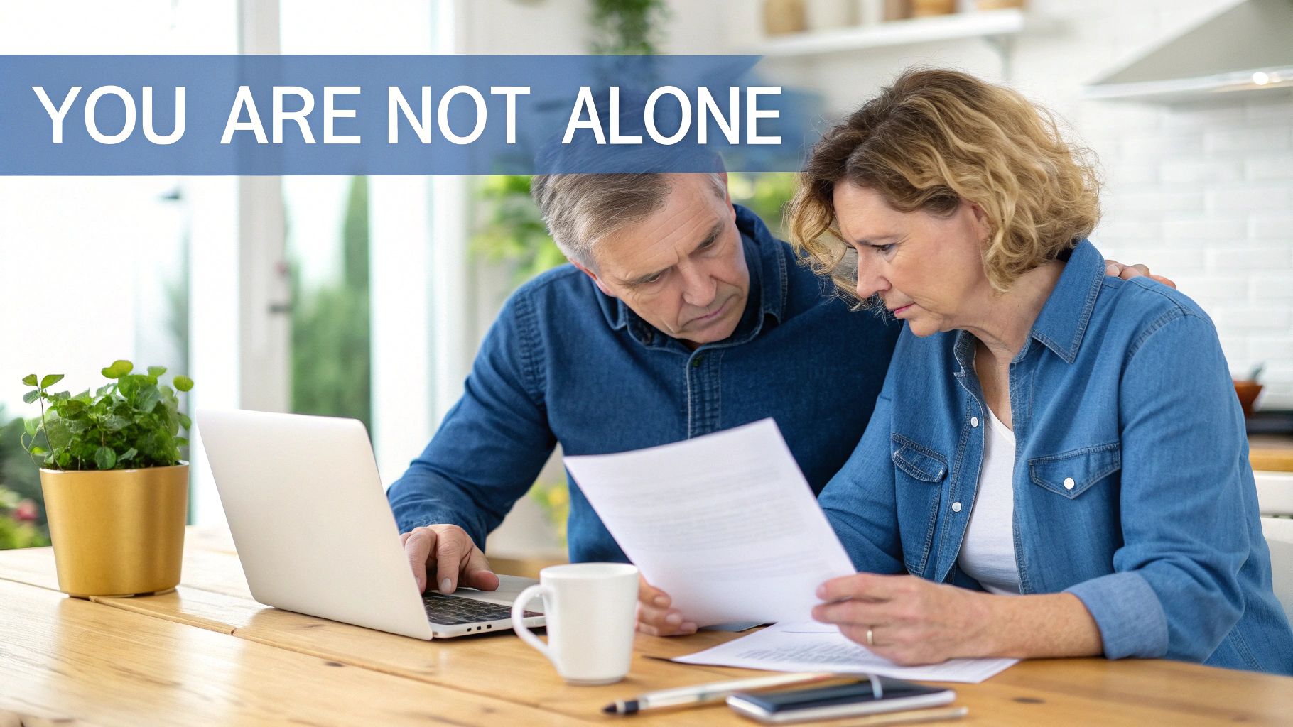 A supportive couple reviews financial documents and a laptop, with 'YOU ARE NOT ALONE' text.