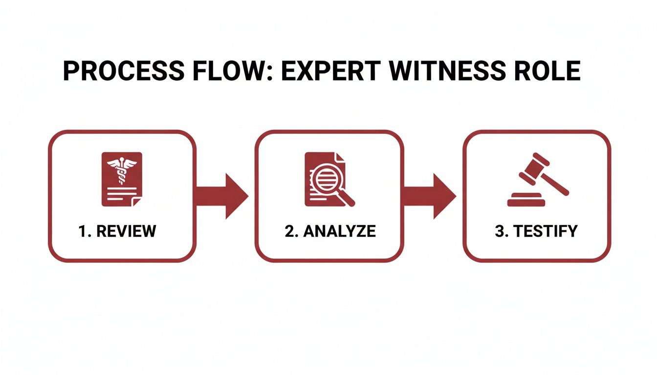 A flowchart illustrating the three steps of an expert witness role: review, analyze, and testify.
