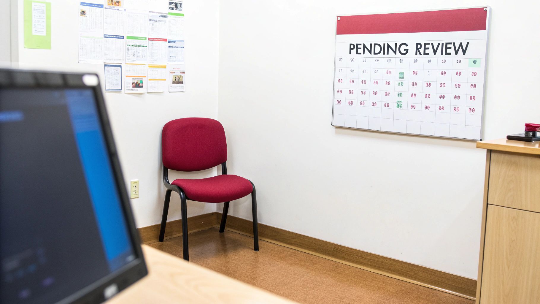 An office corner with a red chair and a whiteboard calendar displaying 'PENDING REVIEW'.