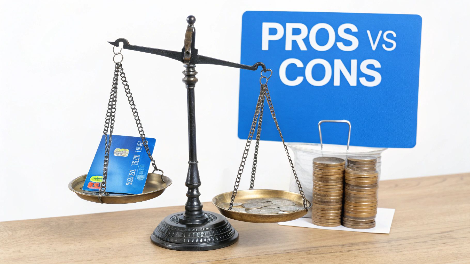 A financial balance scale weighing a credit card against stacked coins with a "PROS vs CONS" sign.