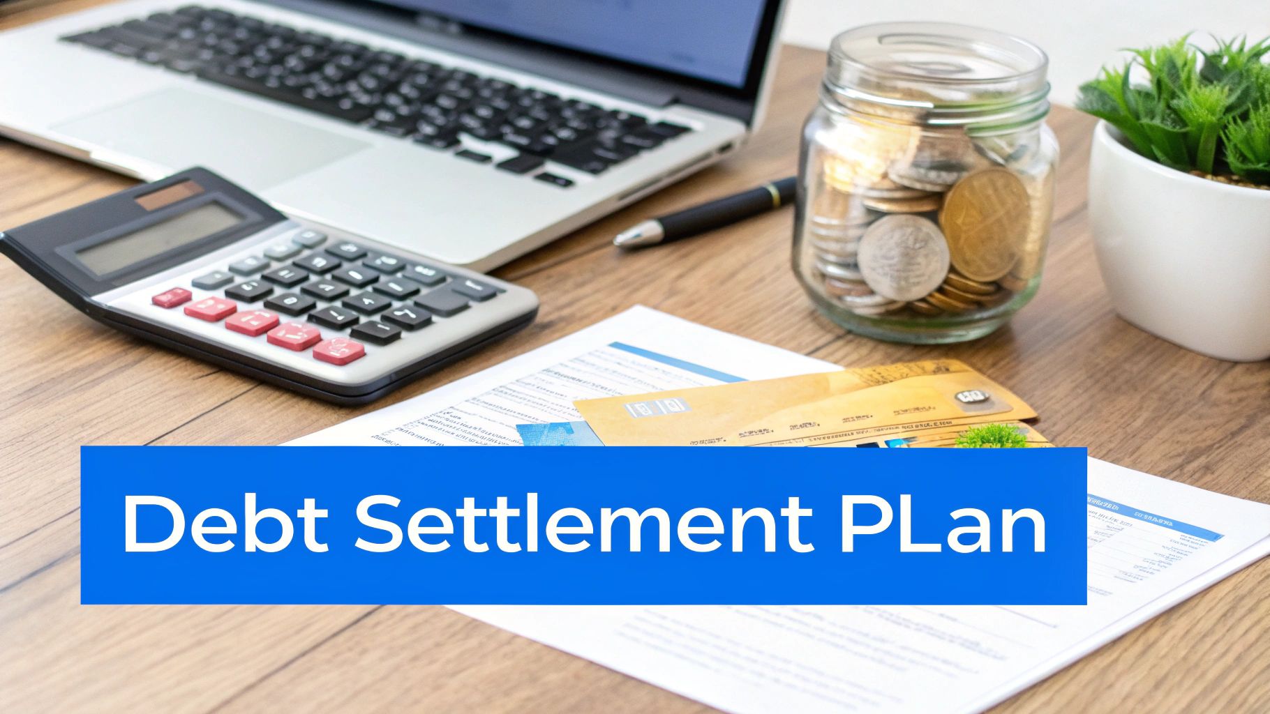 A desk scene with a laptop, calculator, credit cards, documents, and a coin jar, with 'Debt Settlement Plan' overlay.