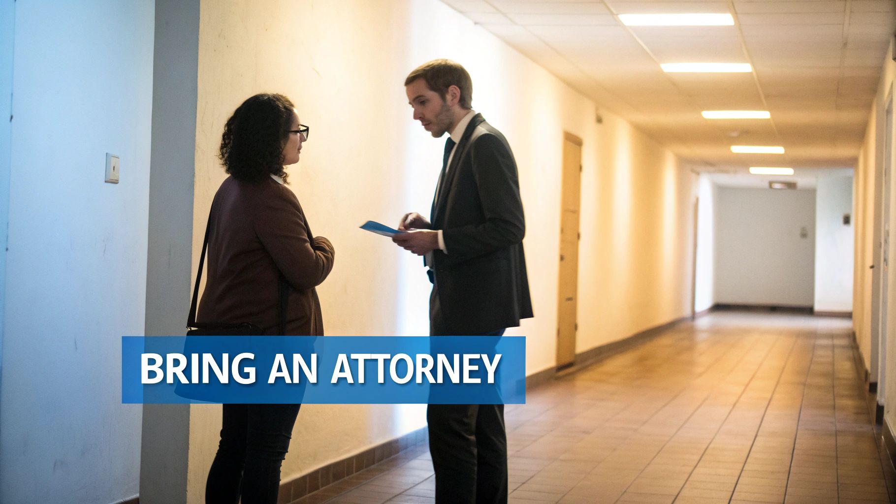 Dos individuos, un hombre de traje y una mujer, conversan en un pasillo profesional, enfatizando el asesoramiento legal.