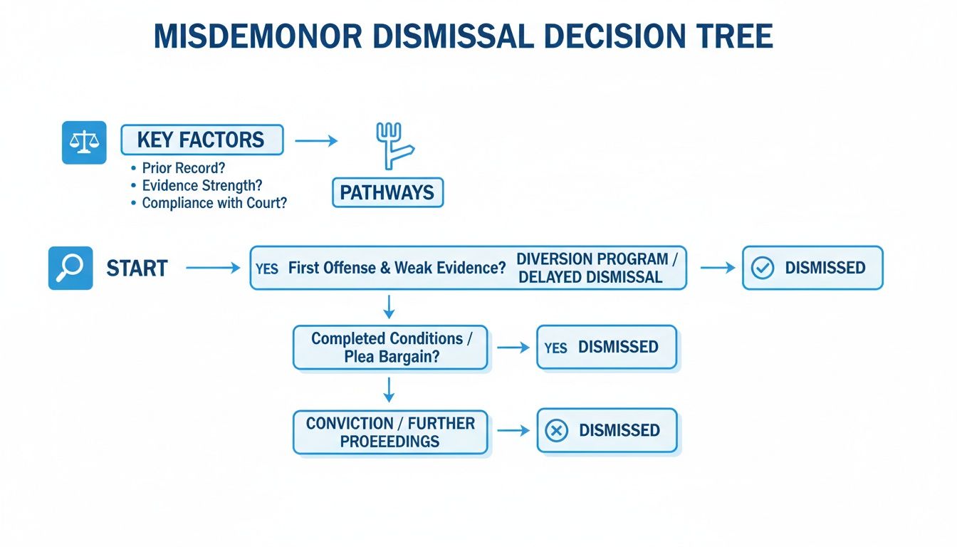 Un diagrama de flujo titulado 'Árbol de decisiones de desestimación de delitos menores' que detalla los pasos para la desestimación legal.