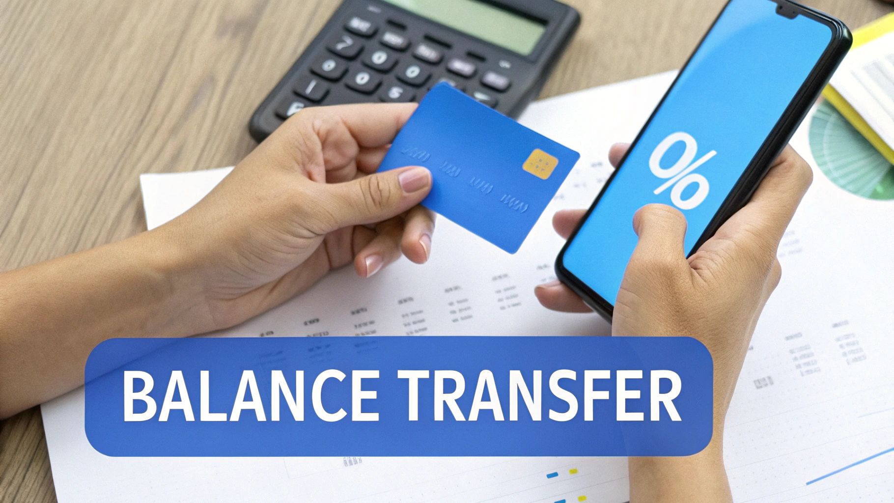 Hands holding a blue credit card and a smartphone with a percentage symbol, showing 'BALANCE TRANSFER'.