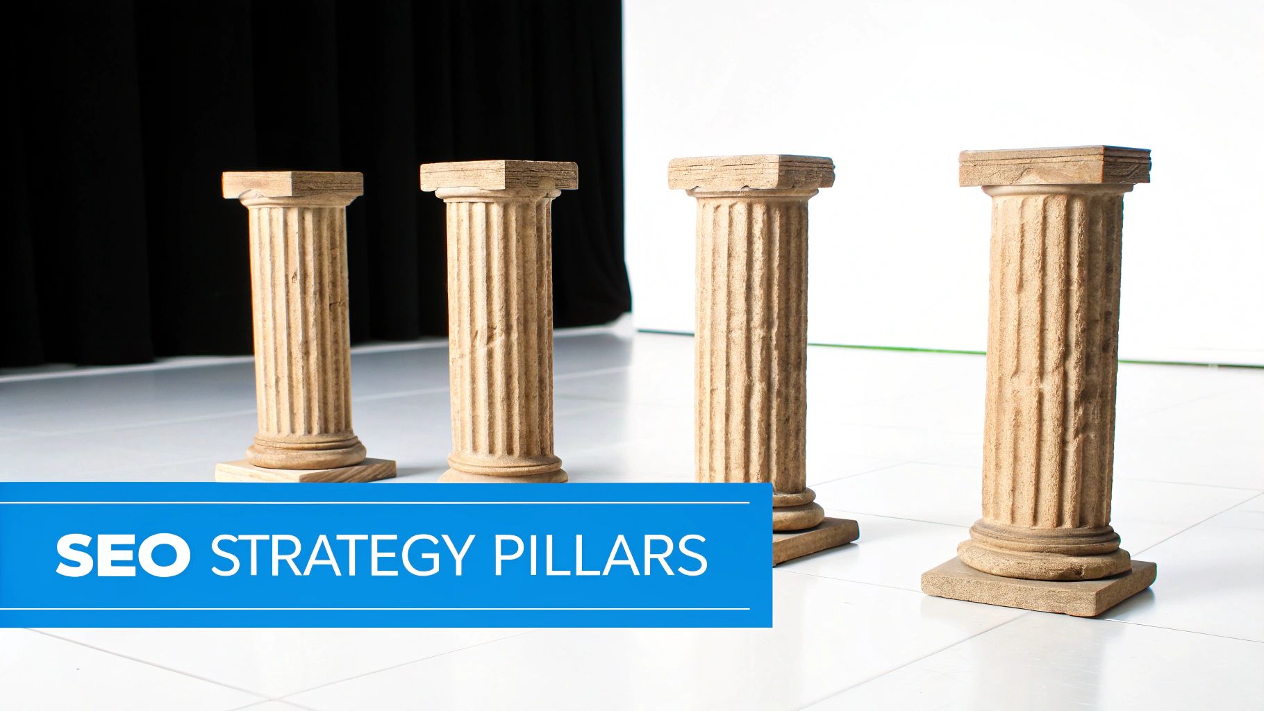 Four wooden pillars symbolizing SEO strategy stand on a tiled floor with text overlay.