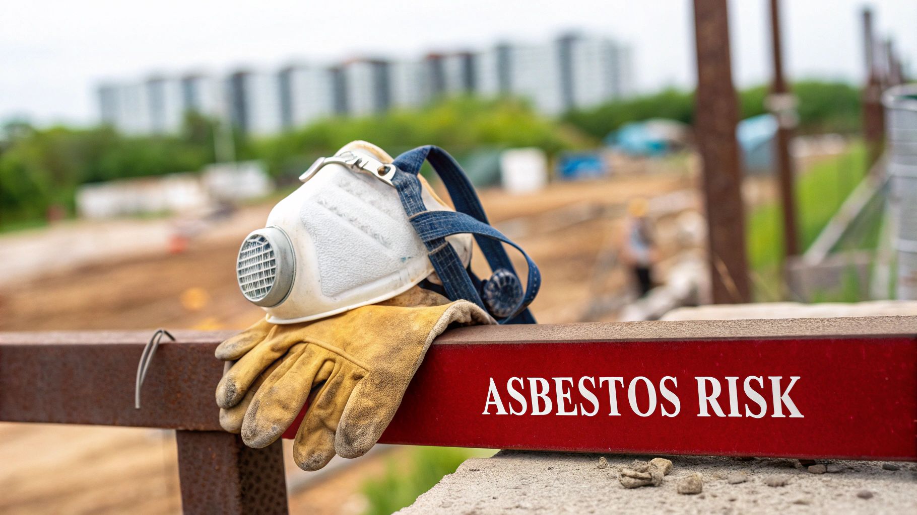 Respirator mask and work gloves on a beam with an 'ASBESTOS RISK' sign at a construction site.