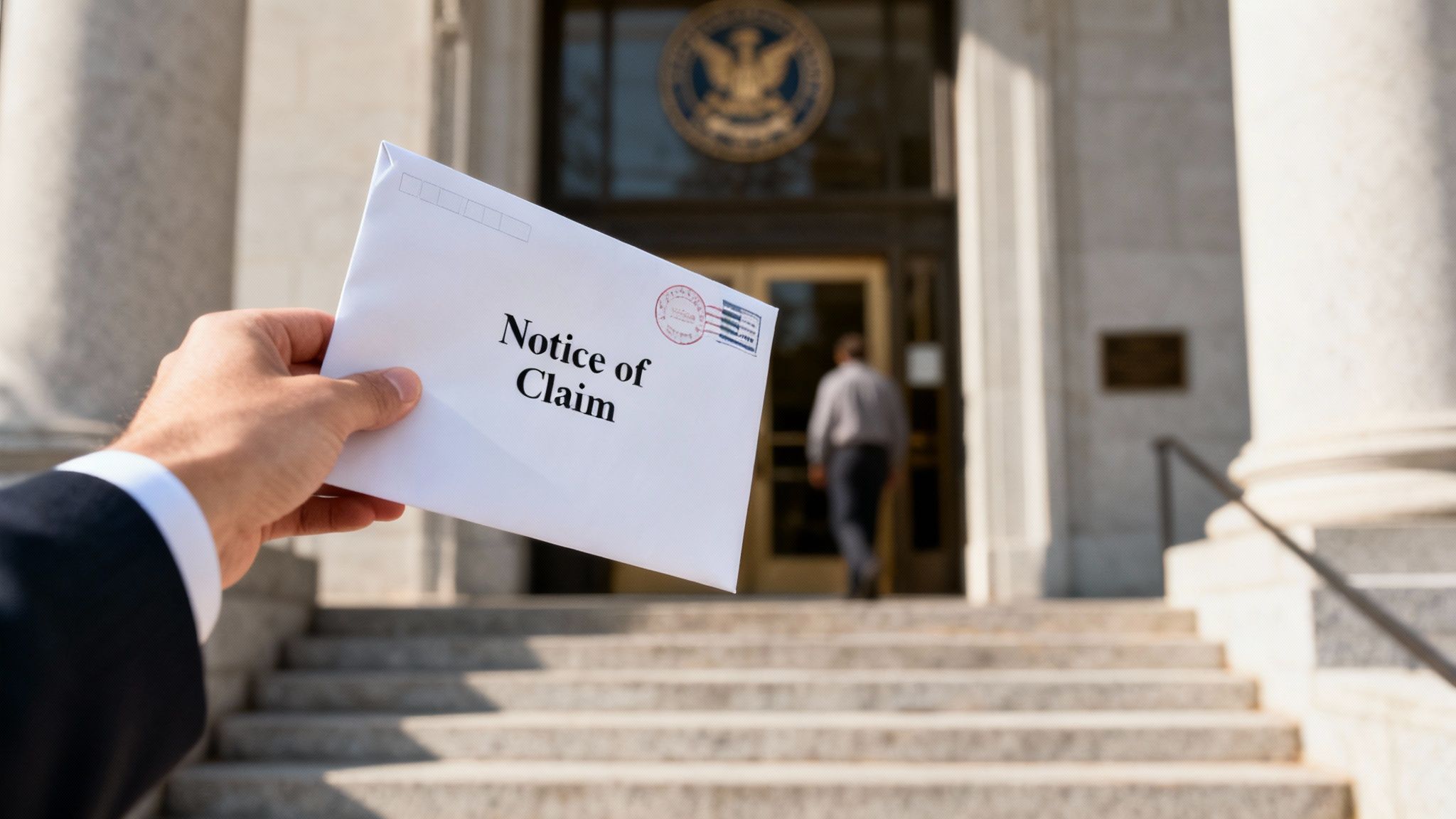 Close-up of a hand holding a 'Notice of Claim' letter outside a government building.