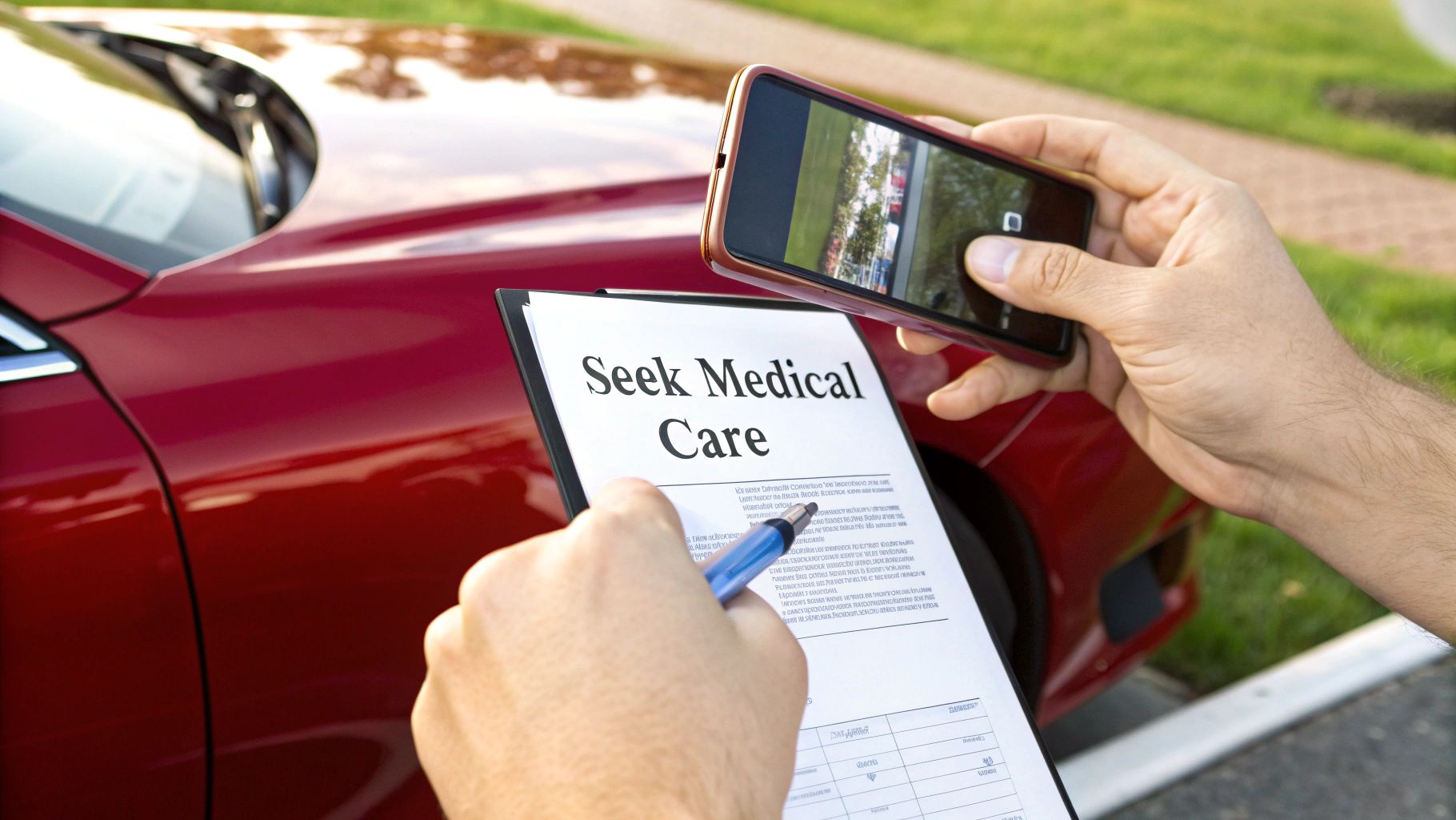 A person holds a clipboard with 'Seek Medical Care' and a smartphone, documenting a car accident.