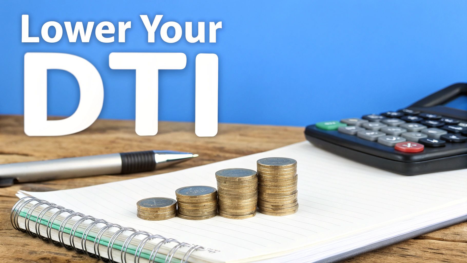 Calculating to lower DTI with growing coin stacks, a calculator, pen, and notebook.