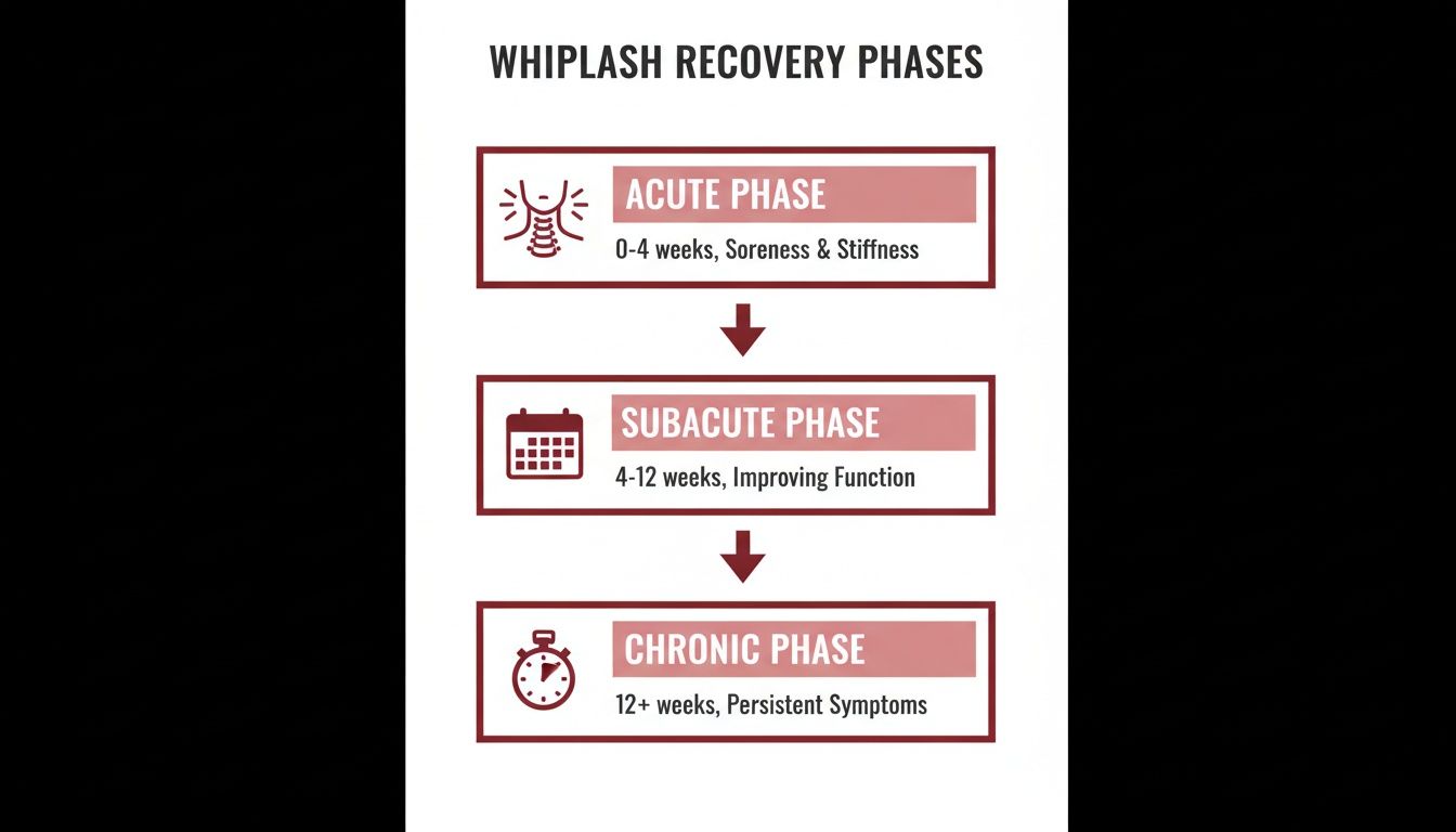 A flowchart illustrating the three whiplash recovery phases: acute, subacute, and chronic, with timelines and symptoms.