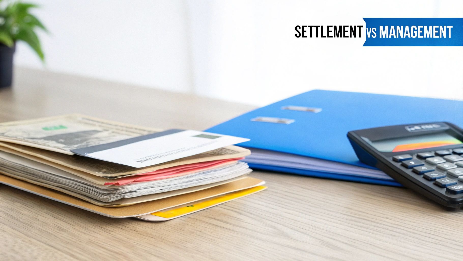 A desk with dollar bills, credit cards, financial documents, calculator, and a blue binder.