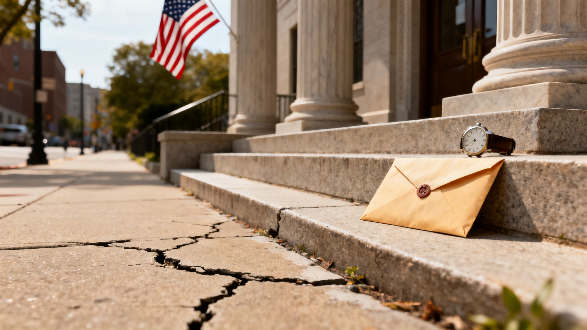 An envelope with a wax seal and a watch lie on cracked steps of a building with columns and an American flag.