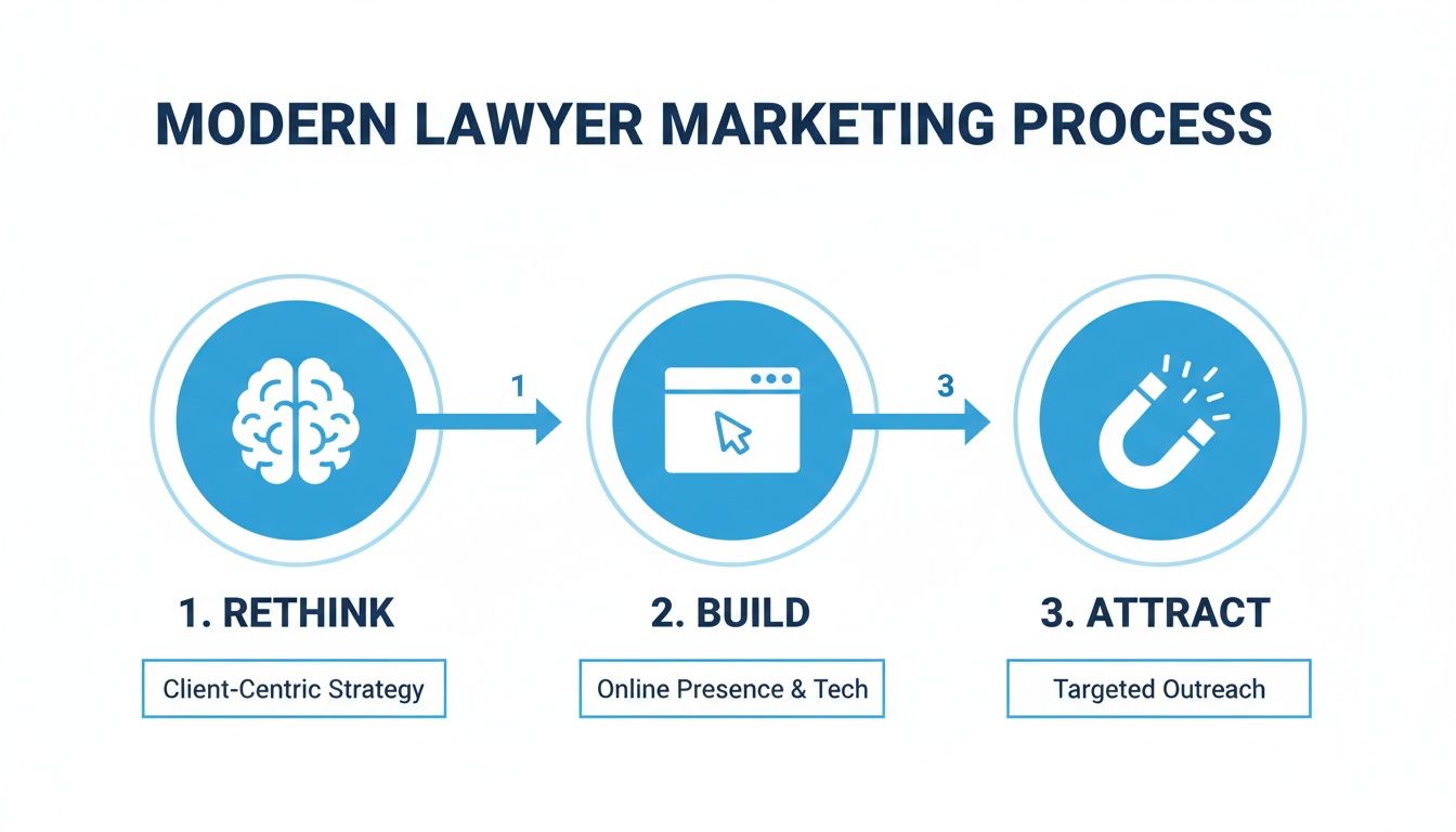 Infographic illustrating the modern lawyer marketing process with three steps: rethink, build, and attract.