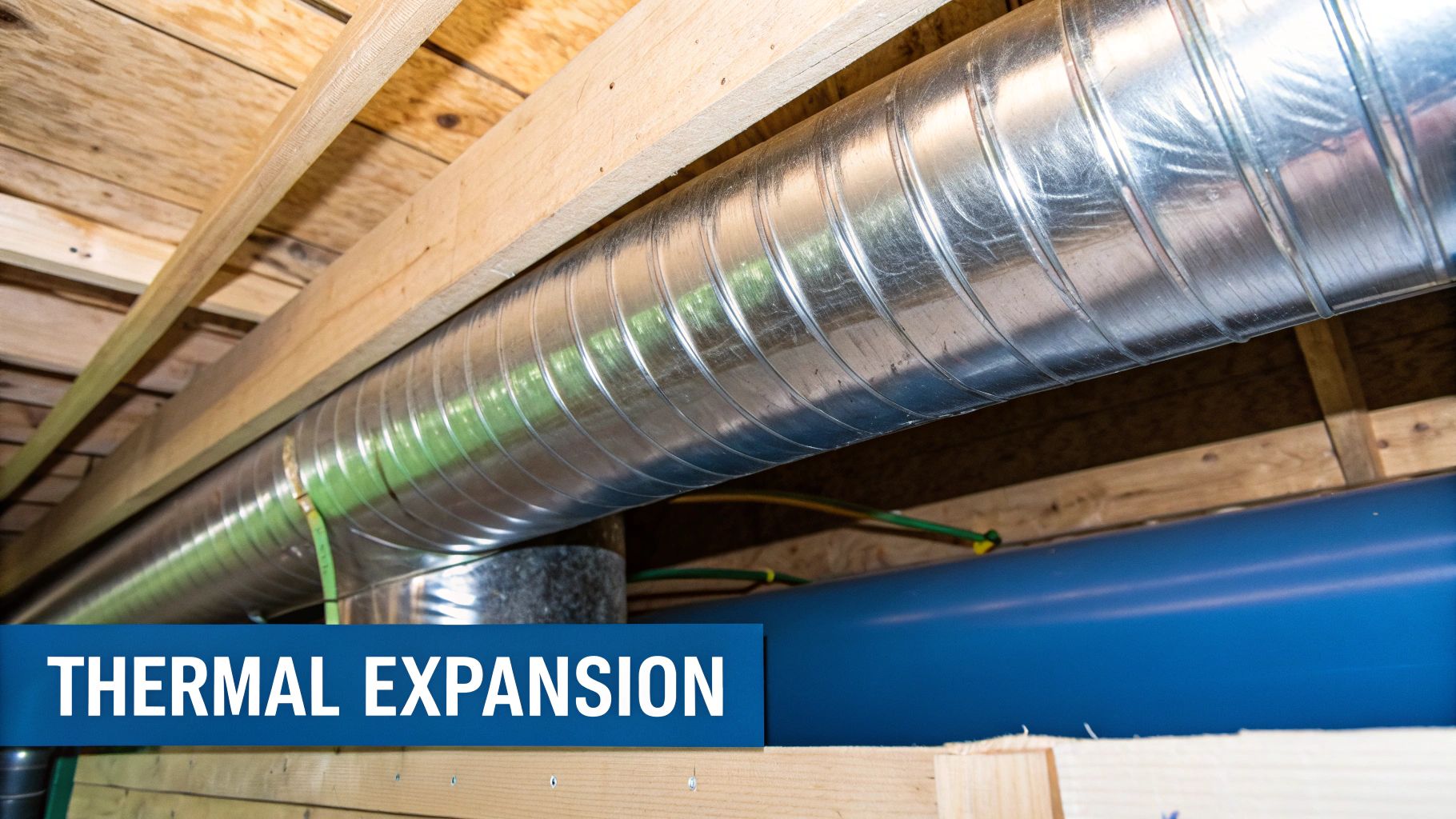 Shiny metal HVAC duct and blue utility pipes run through a building's wooden framed basement or crawlspace.