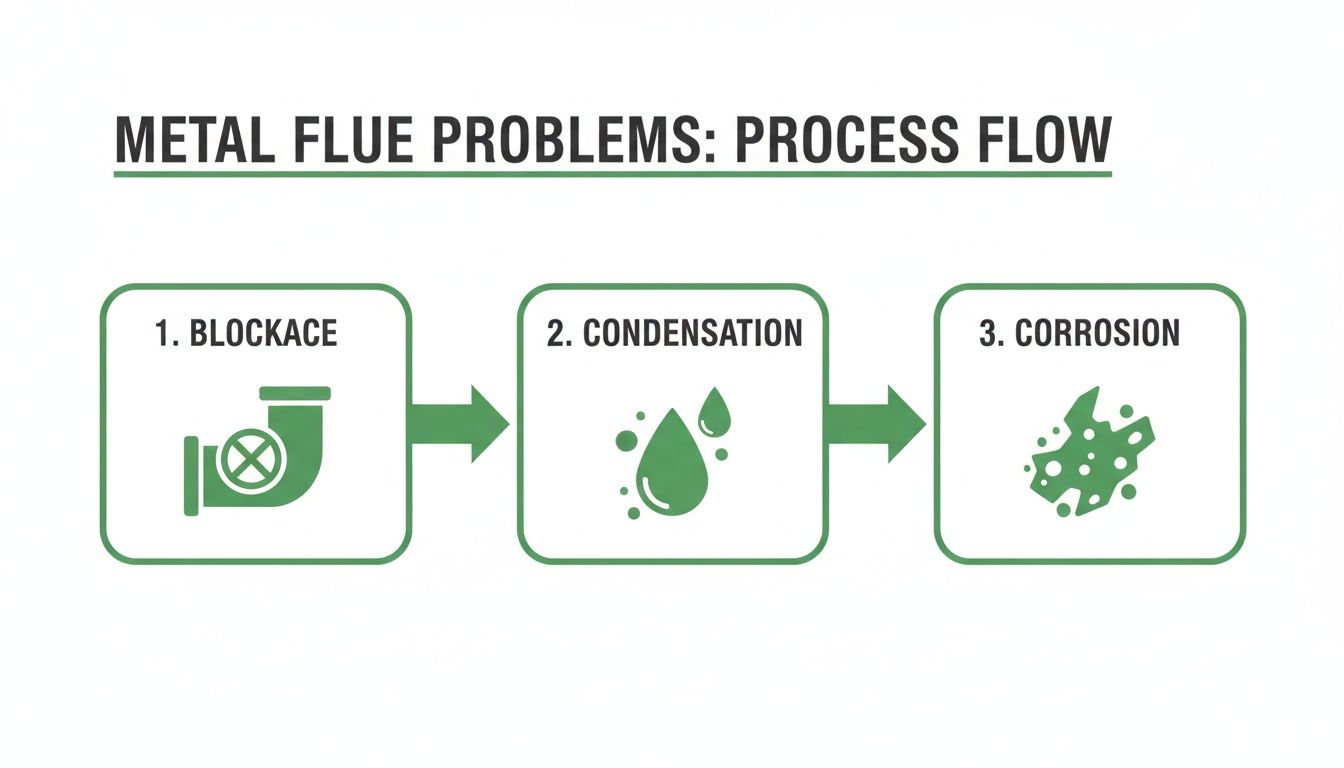 Diagram showing metal flue problems: blockage, leading to condensation, and finally corrosion of a flue.