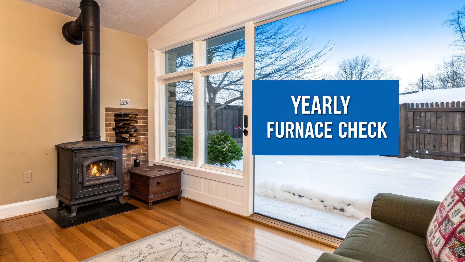 A warm room with a lit wood stove, large window to a snowy yard, and "YEARLY FURNACE CHECK" text.