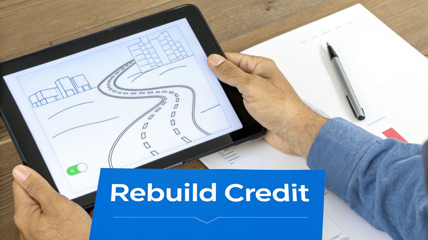 A person holds a tablet showing a drawn road and city, with a 'Rebuild Credit' banner.