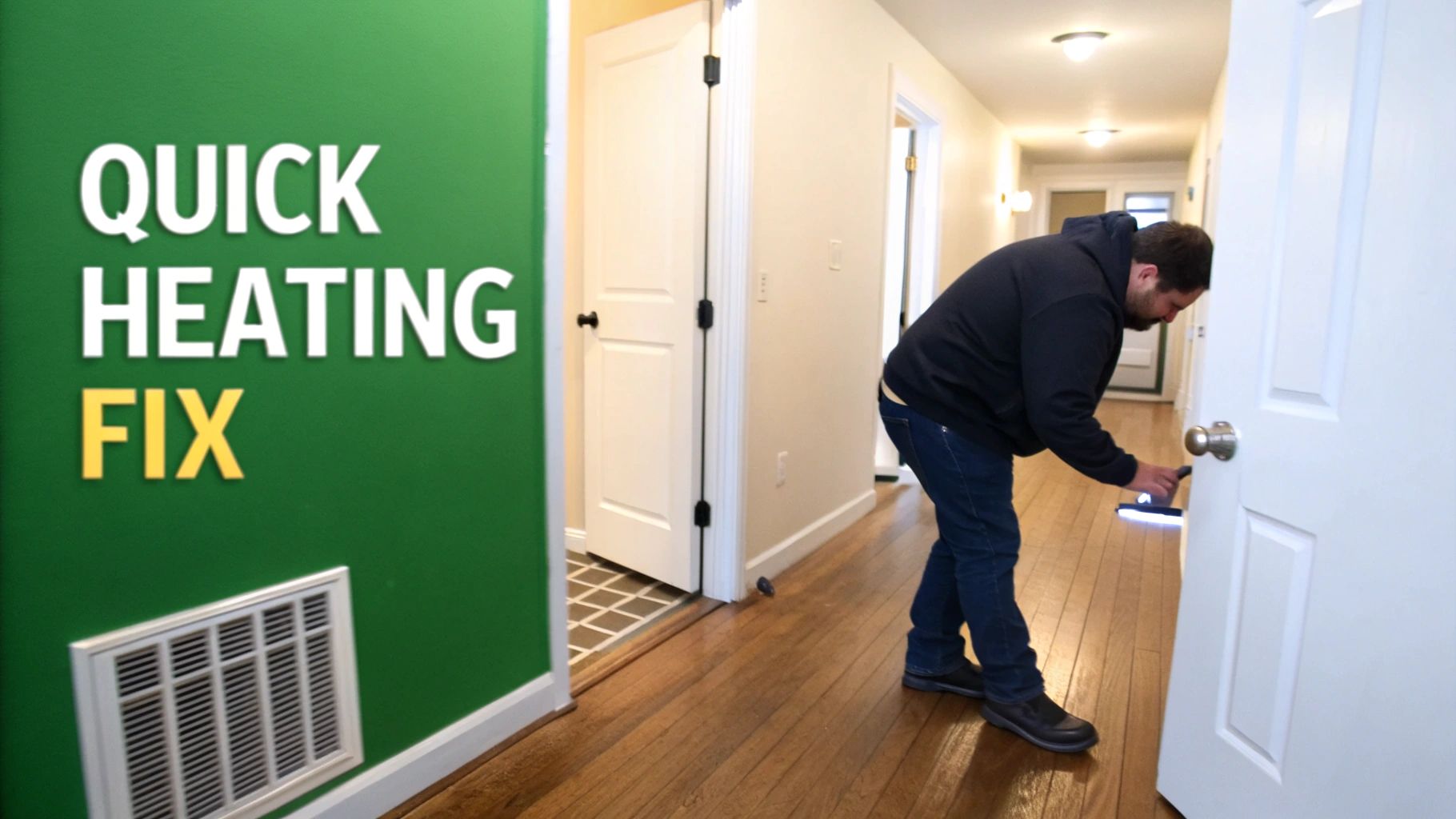 Man cleans or inspects floor near a white door in a hallway with a green wall that reads 'QUICK HEATING FIX'.