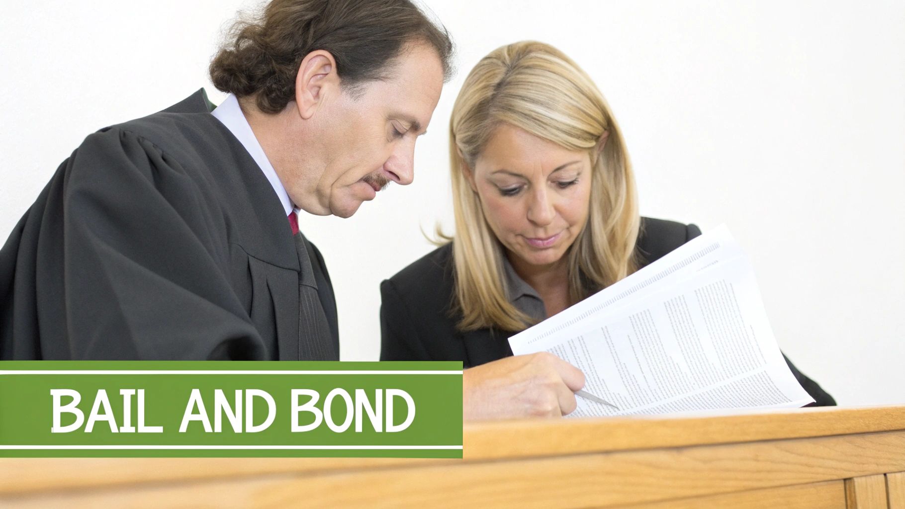 A male judge in a robe and a blonde female lawyer review legal documents at a court bench, with 'BAIL AND BOND' text.