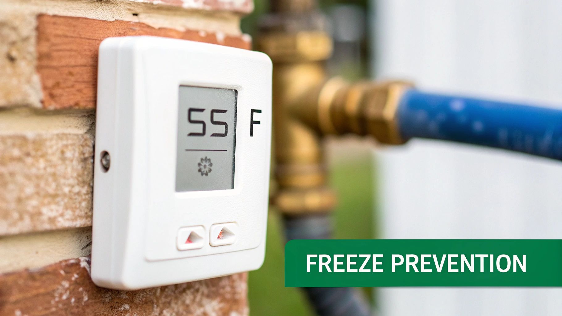 A white digital thermostat mounted on a brick wall, displaying 55°F for freeze prevention.