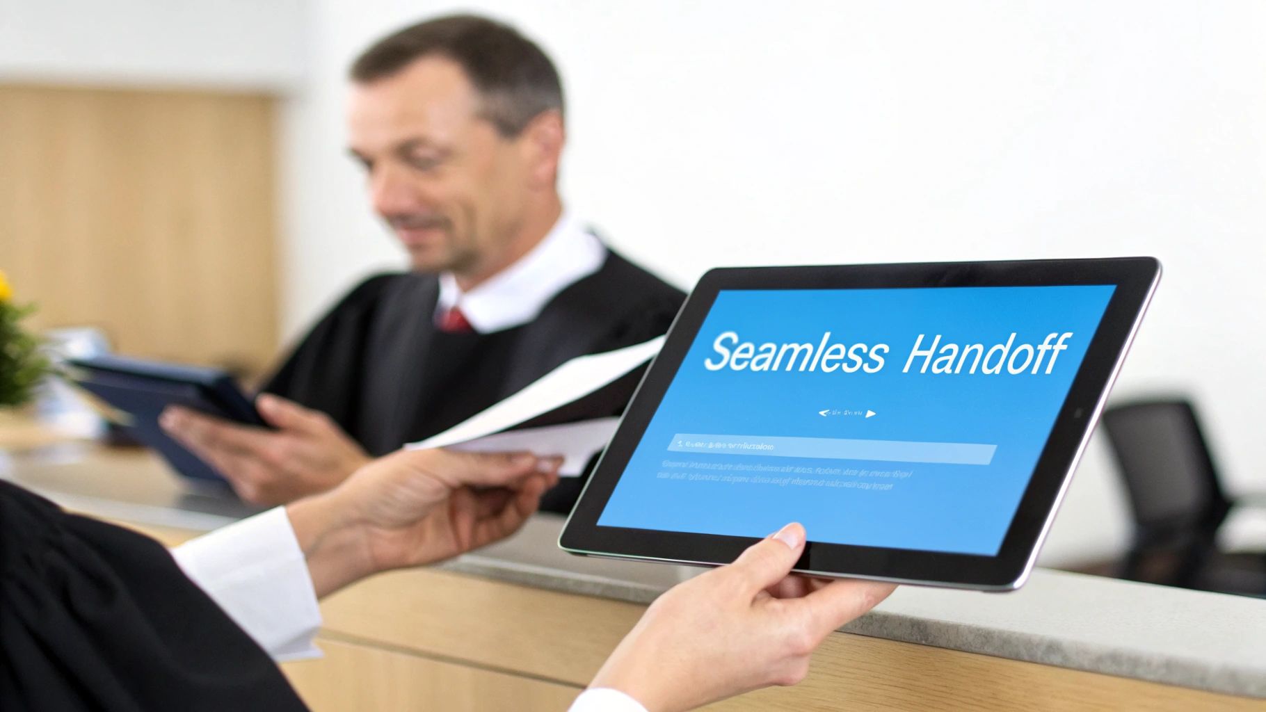 Two legal professionals in robes, one using a tablet with 'Seamless Handoff,' illustrating modern legal workflow.