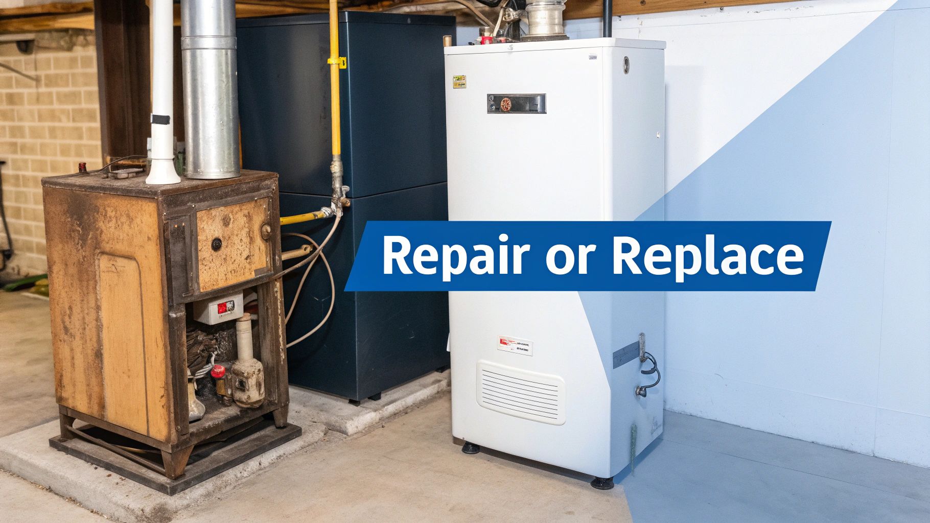 An old, rusty oil furnace stands next to a modern white water heater, with 'Repair or Replace' text overlaid.