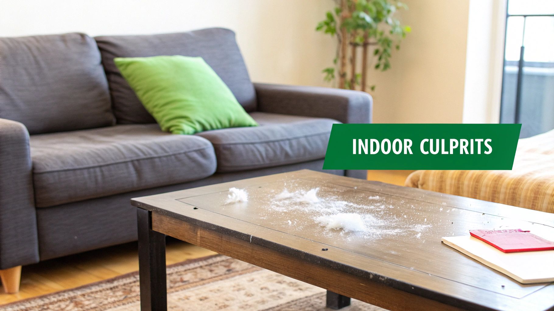 A wooden coffee table covered in dust and debris, with a grey couch and green pillow in the background.