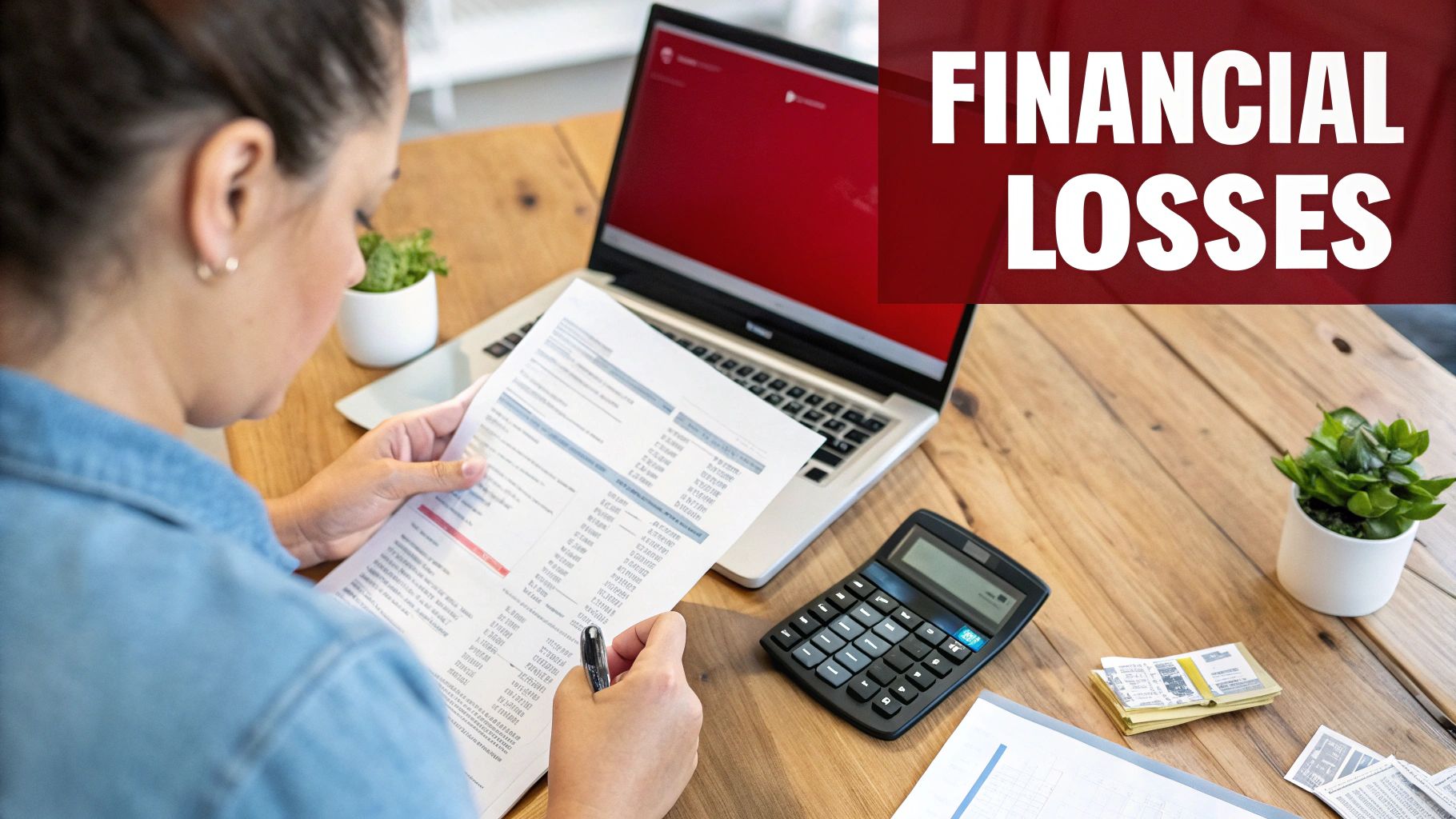 A person reviewing financial documents with a calculator and laptop on a desk, illustrating financial losses.
