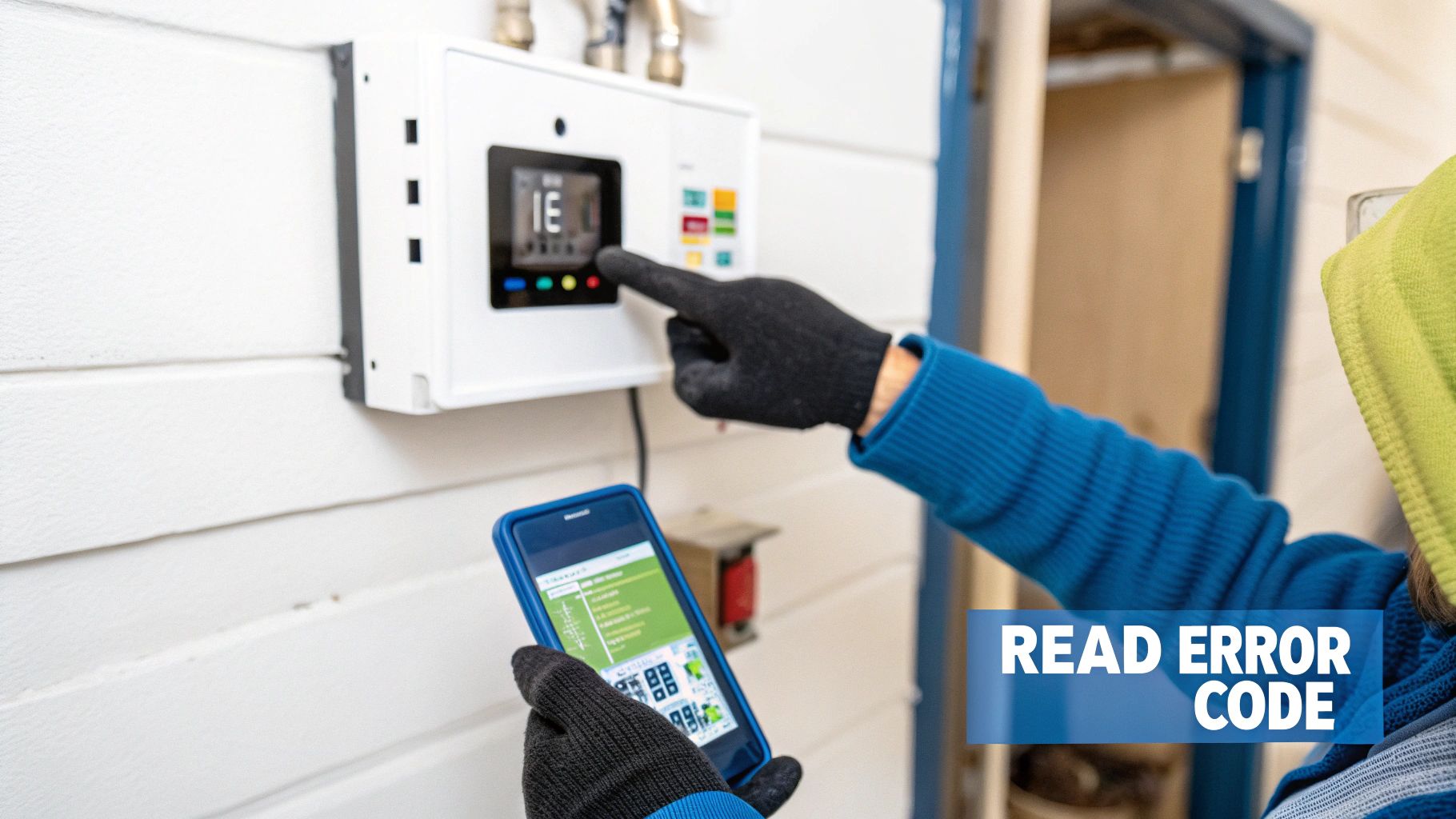 Person in gloves troubleshooting a control panel displaying an 'IE' error code while holding a smartphone.