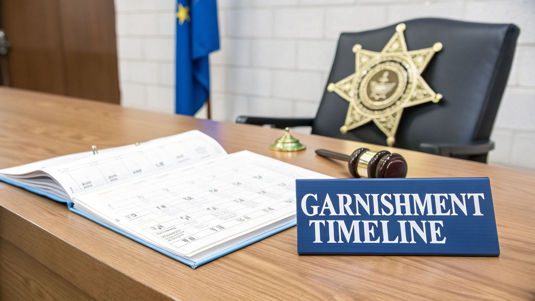 A desk in a courtroom setting featuring a 'Garnishment Timeline' sign, gavel, and legal binder.